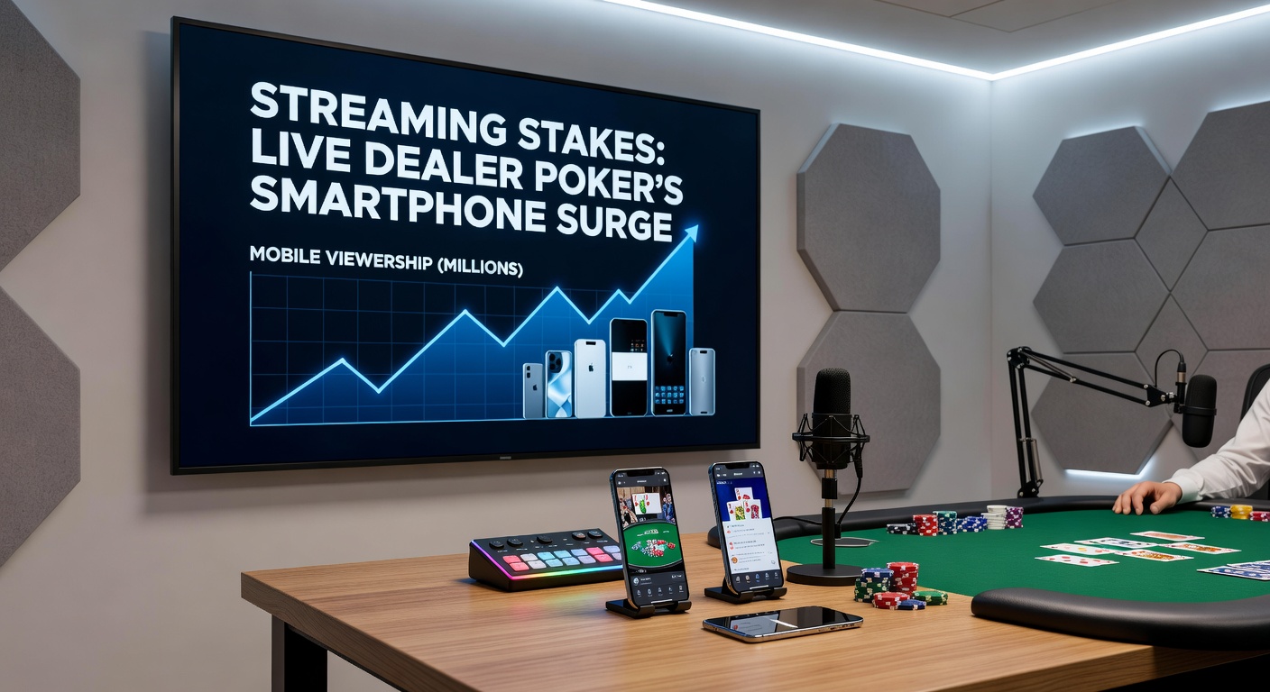 Gruppe von Spielern mit Smartphones, die Live Poker streamen, mit Grafiken von Stakes und Turnieren im Hintergrund